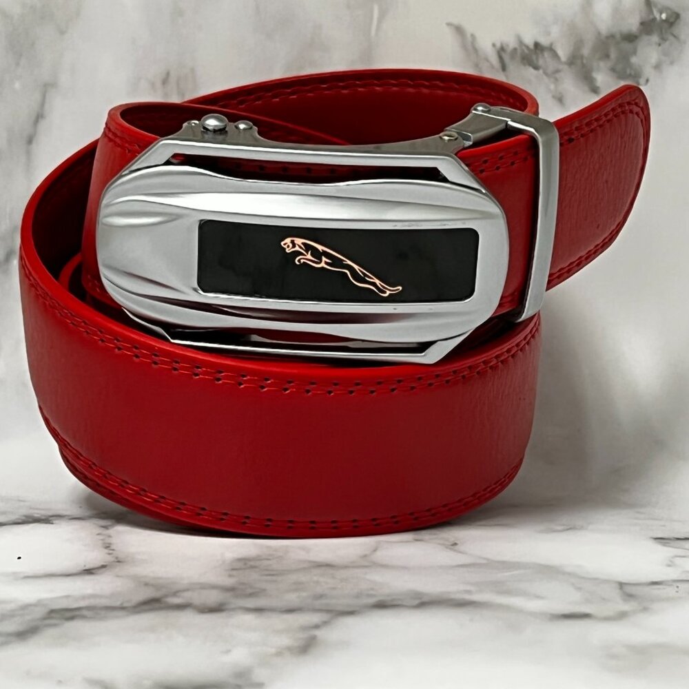 Red Belt Men’s Women Genuine Leather‎ Ratchet Dress Belt With Automatic Buckle